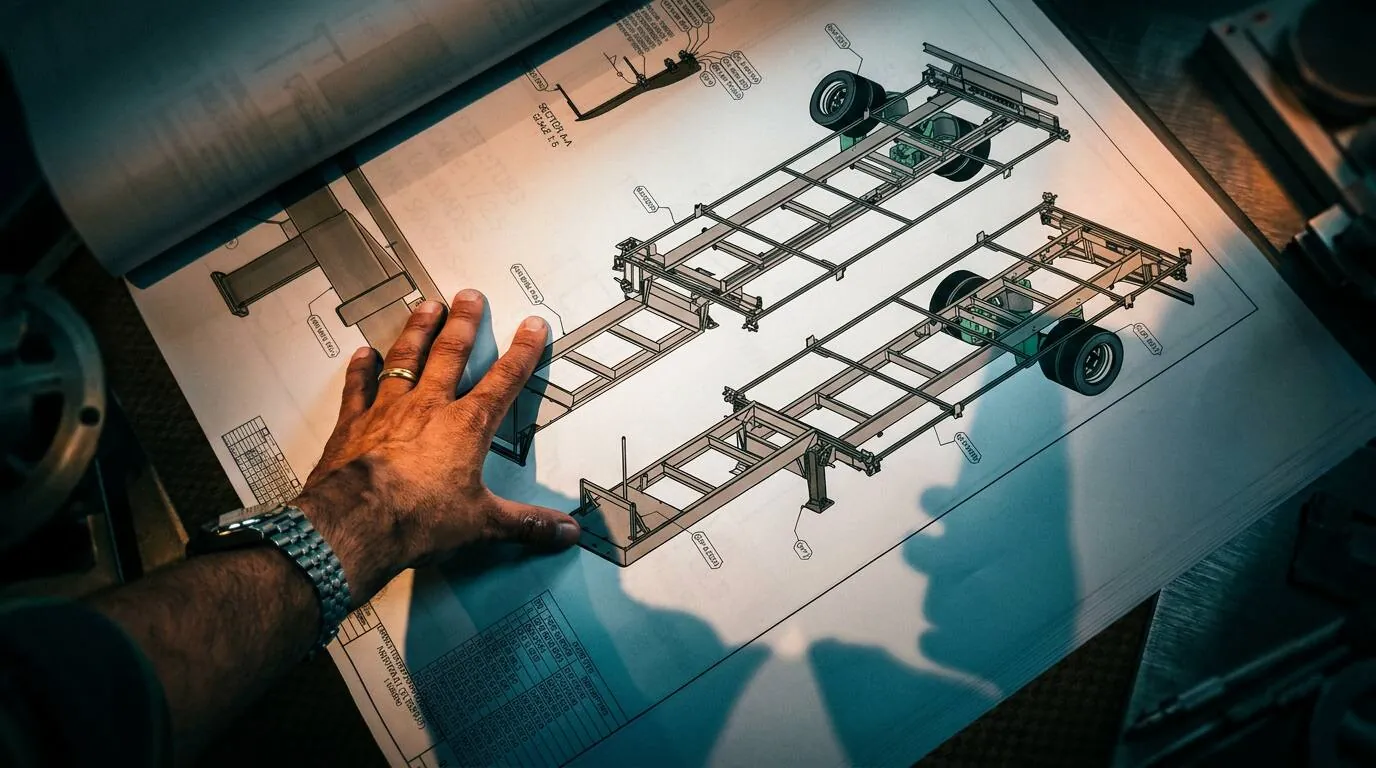 Ingeniero revisando plano técnico de semirremolque industrial